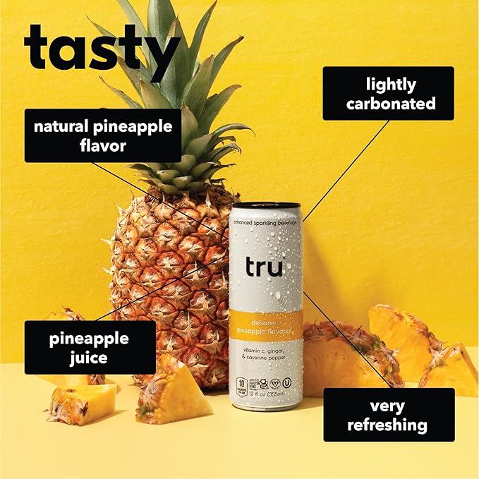 Tru Defense Seltzer, Sparkling Water with Vitamin C, Ginger Extract, Cayenne Pepper & Real Pineapple Juice, Sweetened with Monk Fruit & Stevia, Gluten Free, Vegan, Caffeine Free, 12 FL OZ Can, 12 Pack - Bloomnest