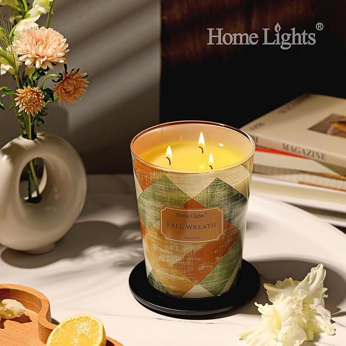 HomeLights Large jar Candle | 3-Wick Long-Lasting Scented Candles, 34oz Natural Soy Wax Candle for Home Scented, Rustic Modern Gifts for Women & Men, Fall Wreath - Bloomnest