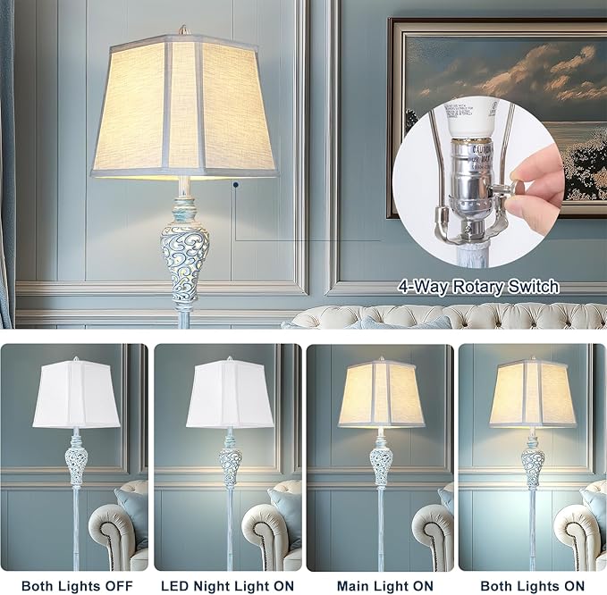 Vintage Floor Lamp with Nightlight, 65" Retro Standing Lamp with White Linen Shade, Washed Blue Finish Farmhouse Style Design Tall Lamp Decor for Living Room Bedroom Study Home Corner (Bulb Included) - Bloomnest
