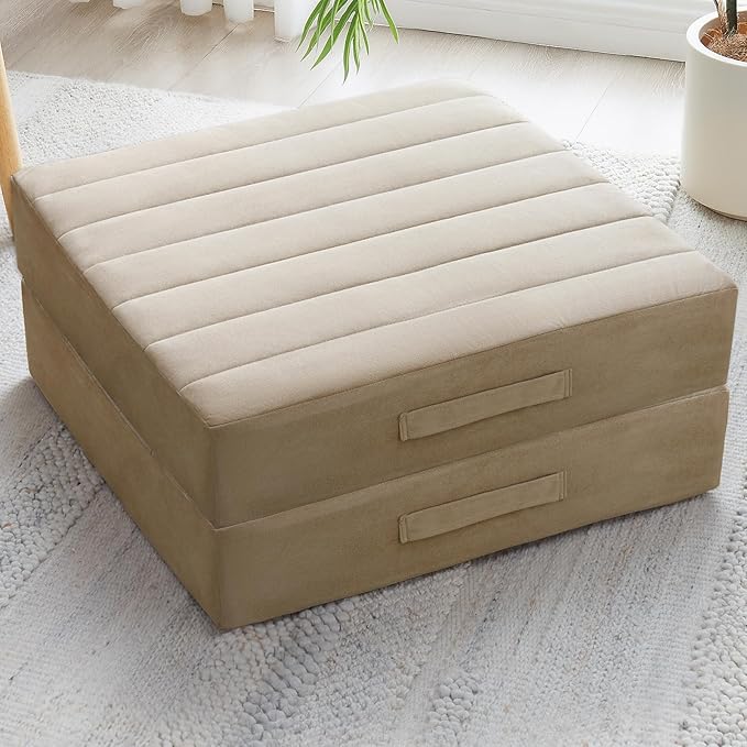 2 Pcs High Density Foam Floor Pillow - Upgraded Large Pillows Seating for Adults - Outdoor Floor Cushion with Soft Tufted Cover - Yoga Pillows for Sitting On Floor - 22 Inch Khaki - Bloomnest