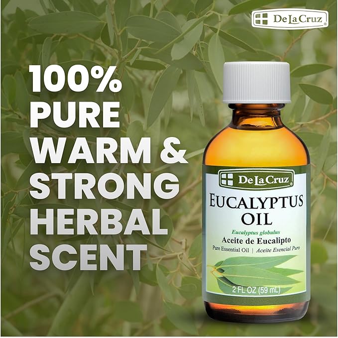 De La Cruz Eucalyptus Essential Oil, 100% Pure Steam Distilled Eucalyptus Globulus, Eucalyptus Oil, Eucalyptus Essential Oil for Diffuser, 2 FL OZ, Aromatherapy, Tree Oil (1 Bottle) DeLaCruz