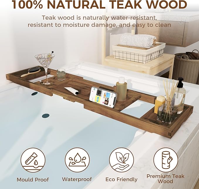 Teak Bathtub Tray - Luxury Bath Tray with Expandable Handles, Wine Glass and Phone Holders, Book Stand - Perfect for Home Spa Relaxation and Reading - Natural Bath Accessories - Dark Walnut Color - Bloomnest