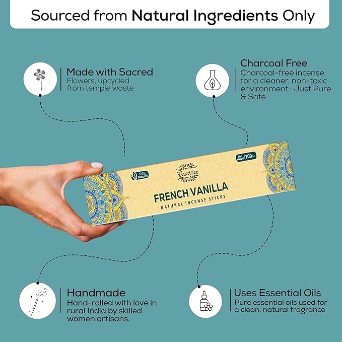 Raajsee French Vanilla Incense Sticks (180 gm), 100% Pure Organic Natural Hand Rolled Free from Chemicals - Perfect for Aromatherapy, Cleansing, Meditation, and Church (Pack of 12) - Bloomnest