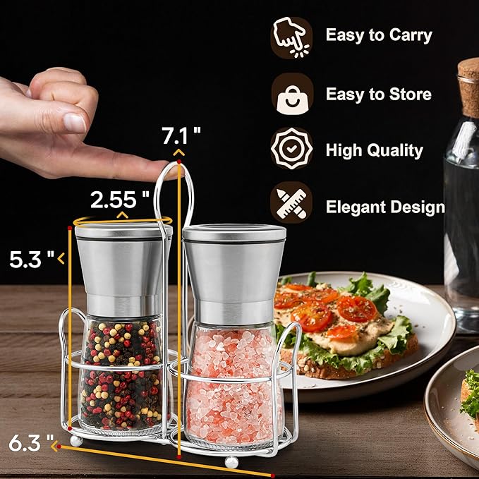 Stainless Steel Salt and Pepper Grinder Set - Short Glass Shaker, Pepper Mill & Salt Mill with Adjustable Coarseness, Refillable for Himalayan or Sea Salt, Black Peppercorn, with Bonus Stand - Bloomnest
