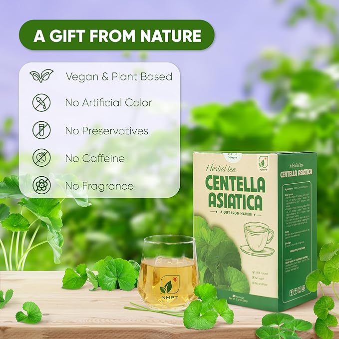 NMPT Centella Asiatica Leaf Tea, 100% Hand Pick, Organic Herbal Tea, 40 Count, Freeze Drying, Gluten Free, Dairy Free, No Sugar Added, Energy Boost & Health Support, 0.07 Oz Each - Bloomnest