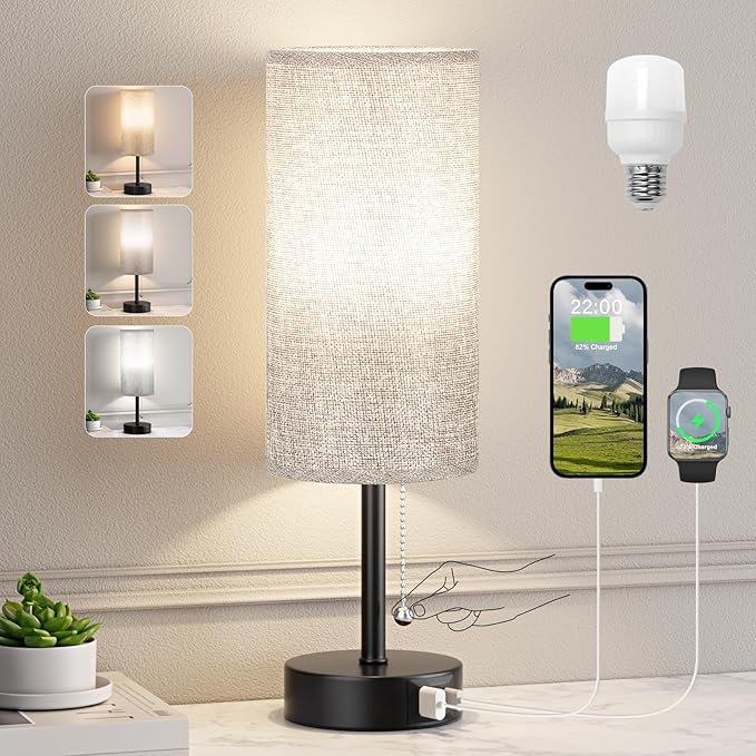 Grey Bedside Lamp for Bedroom Nightstand - Small Table Lamp with USB A + C Charging Port, 3 Color Temperatures Pull Chain Night Stand Light with Bulb, Side Table Desk Reading Lamp for Living Room/Dorm - Bloomnest