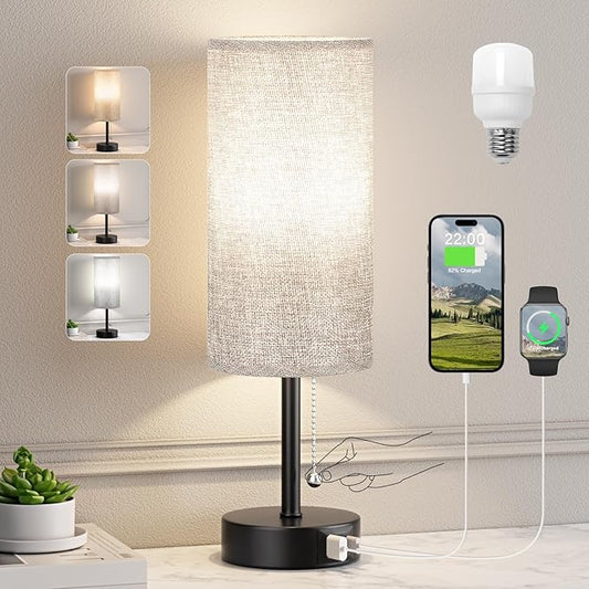 Grey Bedside Lamp for Bedroom Nightstand - Small Table Lamp with USB A + C Charging Port, 3 Color Temperatures Pull Chain Night Stand Light with Bulb, Side Table Desk Reading Lamp for Living Room/Dorm - Bloomnest