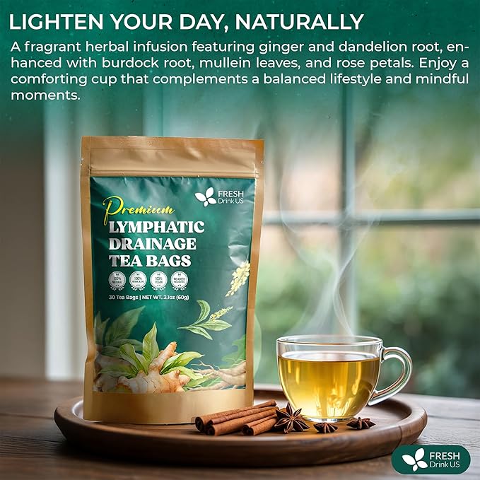 FreshDrinkUS, Lymphatic Drainage Tea | 30 Tea Bags | Herbal Tea Bags with Ginger, Dandelion Root, Burdock Root, Mullein, Calendula, Lemongrass, Rose, Licorice & Tulsi – Caffeine-Free Herbal Blend - Bloomnest