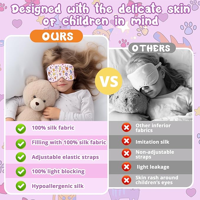Kids Sleep Mask Eye Cover: 100% Real Natural Pure Silk Eye Mask with Adjustable Strap, Funny Blindfold Kids Eye Mask for Sleeping, Soft & Lightweight Eye Shade for Boys Girls Teens (Cats Style) - Bloomnest