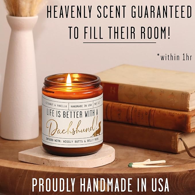 Dachshund Gifts for Women - 'Life is Better with a Dachshund' Candle, w/Vanilla, Coconut & Citrus - Infused w/Essential Oils I Weiner Dog Gifts for Women I Dachshund Decor I 50Hr Burn, USA Made - Bloomnest