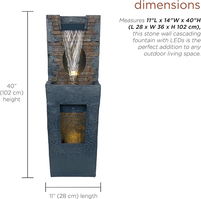 Alpine Corporation TZL398 40" Stone Wall Cascading Fountain with LED Lights, Elegant Outdoor Water Feature for Garden, Patio, Backyard & Home Decor, Relaxing Waterfall Fountain, Gray - Bloomnest