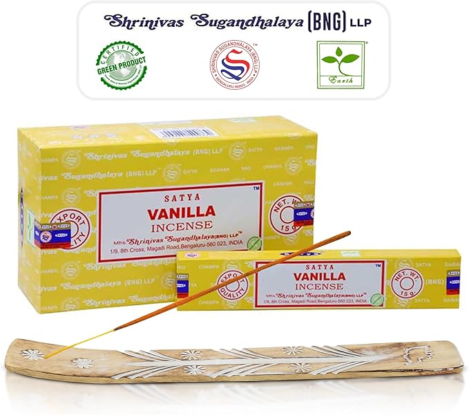 Satya Vanilla Incense Sticks - Bng 15gmx12 Pack With Raajsee Incense Holder Bundle - Nagchampa Natural - Bloomnest
