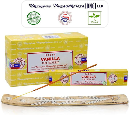 Satya Vanilla Incense Sticks - Bng 15gmx12 Pack With Raajsee Incense Holder Bundle - Nagchampa Natural - Bloomnest