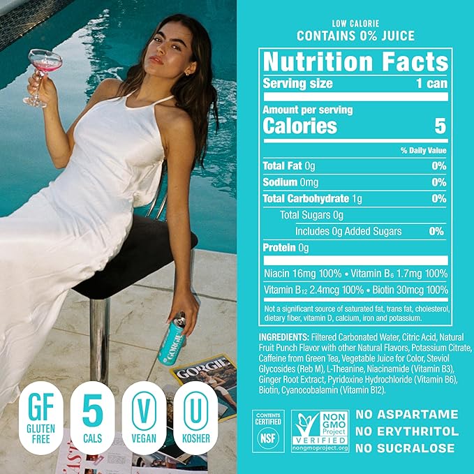 GORGIE Sugar Free Natural Energy Drinks, Sparkling Paradise Punch (12 Pack) - Healthy Energy Drinks - Natural Coffee Replacement with Green Tea Caffeine and Biotin - 150mg Caffeine, Vegan, Low Calorie - Bloomnest