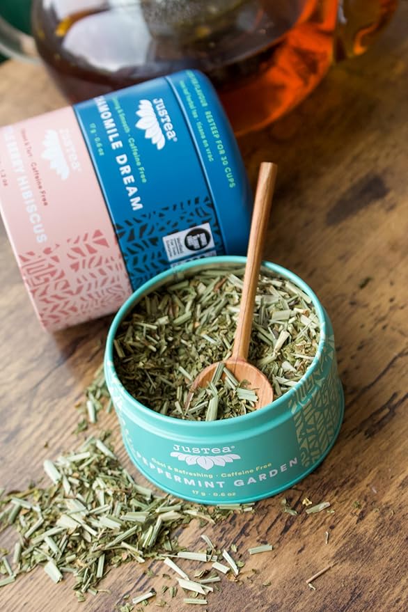 JusTea Herbal Tea Trio | Stacking Tins Variety Pack with Hand Carved Tea Spoon | Loose Leaf | Caffeine Free | Award-Winning | Fair Trade | Non-GMO - Bloomnest