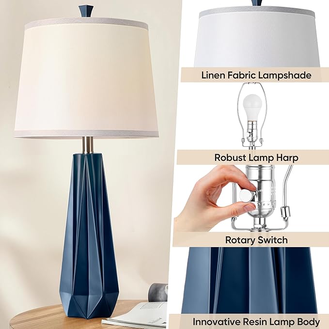 WIHTU 3 Color Temperature Table Lamps Set of 2, 27'' Navy Blue Modern Table Lamp for Living Room, Beside Lamp with Linen Shade, Resin Desk Lamp for Nightstands Bedroom Office Decor (2 Bulbs Included) - Bloomnest