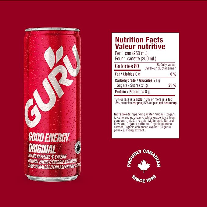 GURU Original Organic Energy Drinks, Clean Energy Drink with Plant Based Natural Caffeine from Green Tea, Gluten Free and Vegan, 100MG Caffeine, Healthy Drinks, 8.4oz (Pack of 24) - Bloomnest