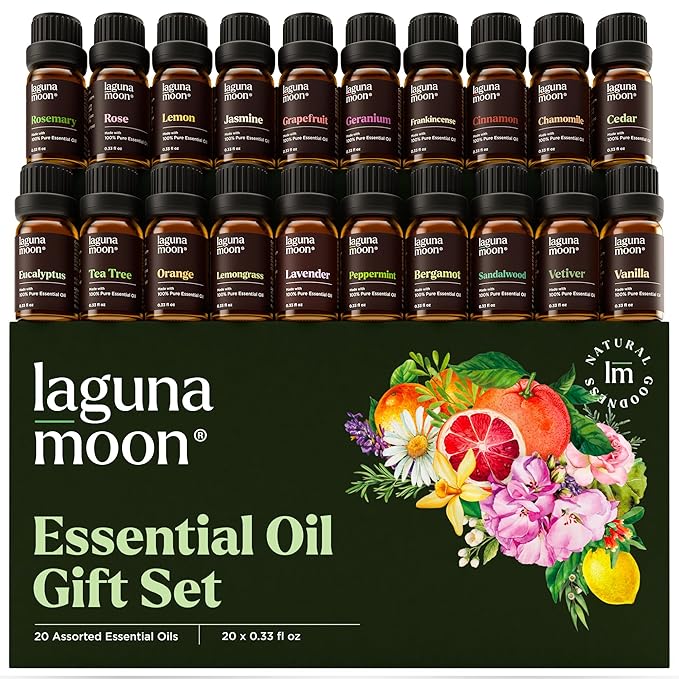 Lagunamoon Essential Oils Set, Top 20 Gift Set Oils for Diffusers, Humidifiers, Aromatherapy, Candle Making Scents, Cars & Home Products, Peppermint, Tea Tree, Lavender, Eucalyptus, Lemongrass (10mL) - Bloomnest