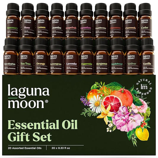 Lagunamoon Essential Oils Set, Top 20 Gift Set Oils for Diffusers, Humidifiers, Aromatherapy, Candle Making Scents, Cars & Home Products, Peppermint, Tea Tree, Lavender, Eucalyptus, Lemongrass (10mL) - Bloomnest