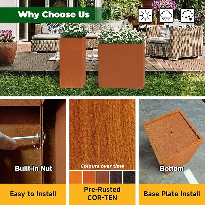 Corten Steel Metallic Heavy Planter for Outdoor Plants 14"x14"x30" Metal Planter Spliced Flower Pot with Partitions for Outside,Indoor,Garden (Corten, 14 * 14 * 30) - Bloomnest
