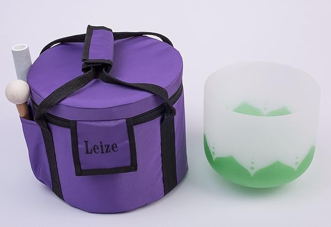 Leize Lotus Design Quartz Crystal Singing Bowl F Note 432 hz Heart Chakra White 10" with Heavy Duty Carrying Case Suede Striker