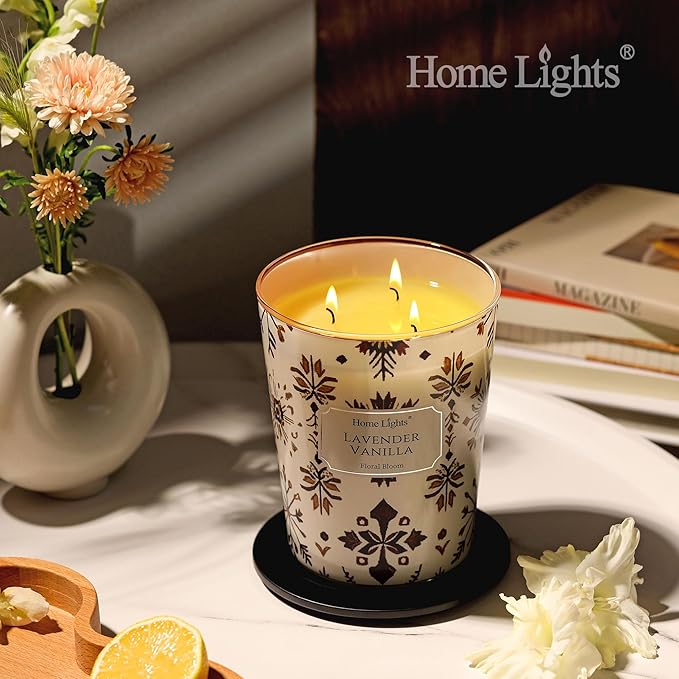 HomeLights Large jar Candle | 3-Wick Long-Lasting Scented Candles, 34oz Natural Soy Wax Candle for Home Scented, Bohemian Natural Textures Gifts for Women & Men, Lavender Vanilla - Bloomnest