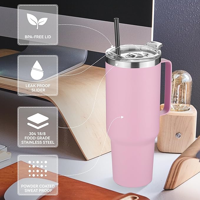 HASLE OUTFITTERS 40 oz Stainless Steel Tumbler with Handle, Vacuum Insulated Tumblers Bulk, Reusable Double Wall Travel Coffee Mug, Durable Powder Coated Water Bottle(Pink, 4) - Bloomnest