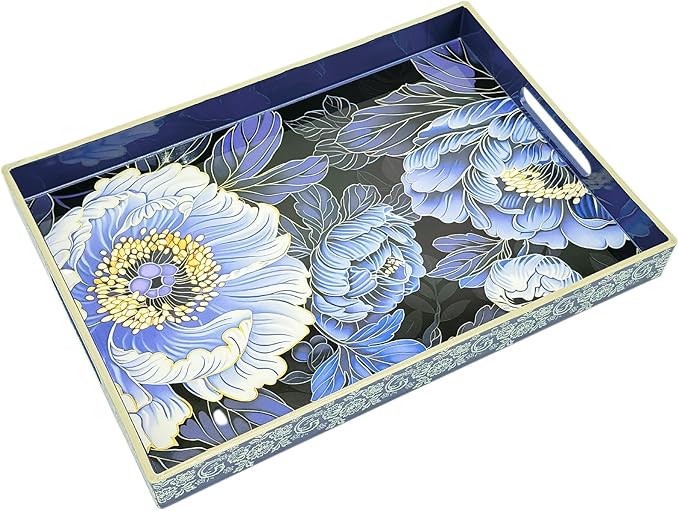 Serving Tray with Handles, 15.7 * 11.8 inches, Plastic Ottoman Tray with Exquisite Paintings, Trays for Coffee Table - Bloomnest