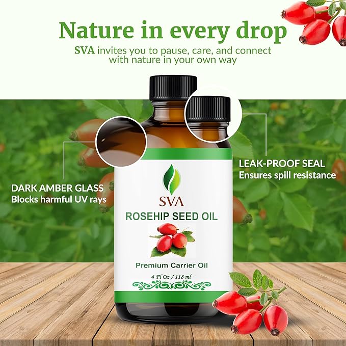 SVA Rosehip Seed Oil - 4 Fl Oz – 100% Natural & Cold Pressed - for Face, Skin Care, Hair Care, Scalp Massage & Body Massage – Carrier Oil with Dropper - Bloomnest