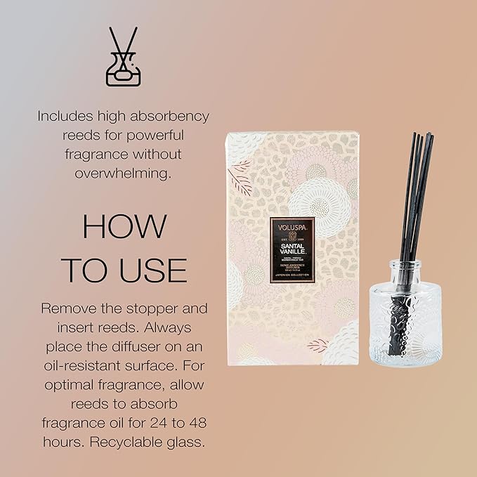 Voluspa Santal Vanille Scented Reed Diffuser, 3.4 oz, Luxury Santal Diffuser, Oil Reed Diffusers for Home, Handcrafted in the USA