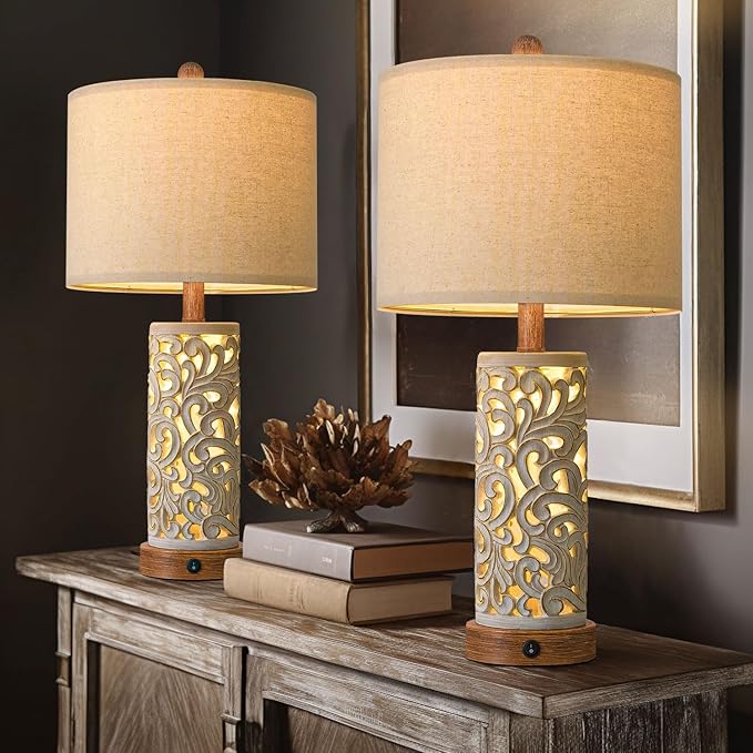 OYEARS 22'' Table Lamp Set of 2 for Living Room,Farmhouse Lamp for for Bedroom,Vintage Retro Bedside Lamps with USB Ports Linen Shade for Home Office (Brown, Bulb Included) - Bloomnest