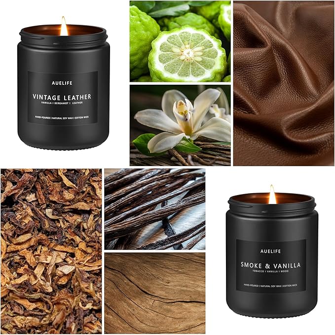 2 Pack Men Candles | Smoke & Vanilla + Vintage Leather - Scented Candles for Men - Masculines Candle - Soy Candle for Home Scented, Man Gifts, Black Jar - 7oz - Bloomnest