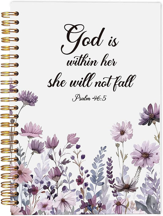 Christian Notebook for Women, Christian Art Gifts Journal, Prayer Journal for Women, Bible Journaling Notebook, PSALM 46:5 God is Within Her She Will Not Fall Floral Spiral Notebook 5.5x8.3 - Bloomnest