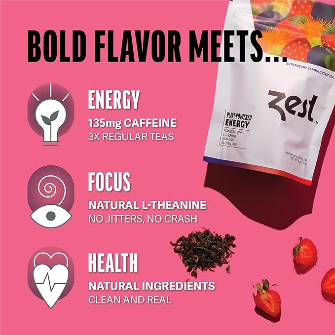 Zest Energy Green Tea - Superberry Samba Loose Leaf - High Caffeine Strawberry & Passion Fruit - Caffeinated Coffee Altnernative with Antioxidants - Natural, Non-GMO & Keto - 50 Servings - 135mg Caf - Bloomnest