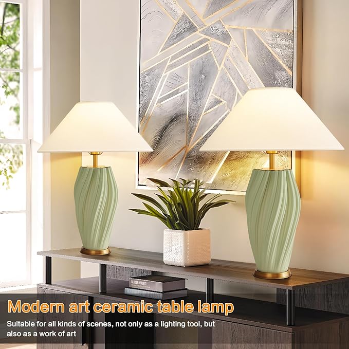 Modern Large Ceramic Table Lamps 24.5", Sage Green Plug in Table Lamp Decorative for Living Room Office Bedroom Bedside Nightstand (Textured) - Bloomnest