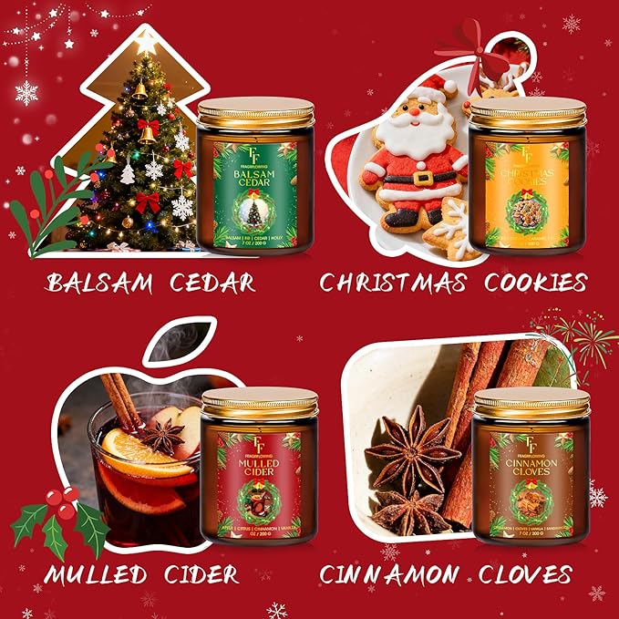 Christmas Candles Set, Scented Candles for Home, 4 Pack Holiday Natural Soy Candles, Christmas Gifts for Women Men, Festival Fragrance of Balsam Cedar/Cookies/Mulled Cider/Cinnamon - Bloomnest