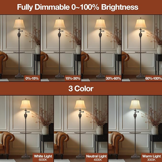 Traditional LED Floor Lamp with 350° Adjustable Swing Arm Lamp – Vintage Standing Pole lamp for Living Room, Bedroom and Office – Rustic Upright Floor Light for Home Décor with Silk Fabric Shade - Bloomnest