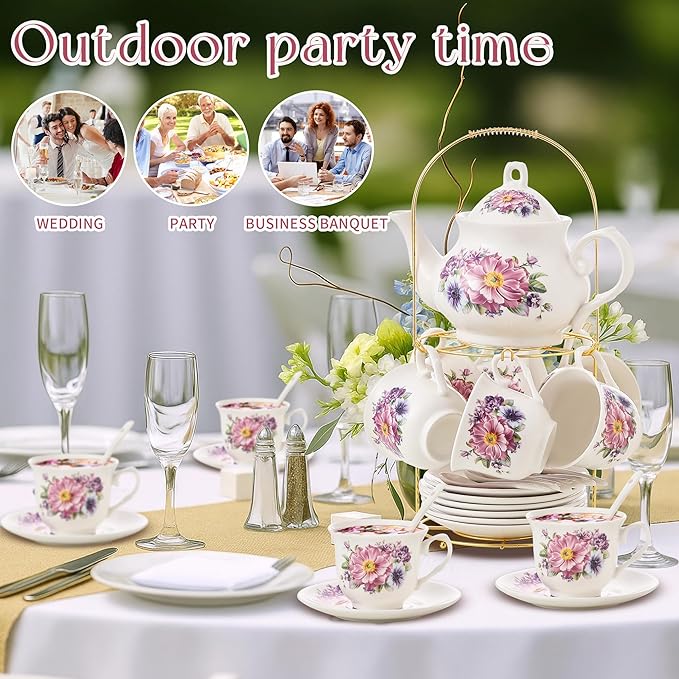 20-Pieces Tea Set For Adult with Golden Metal Rack,Porcelain Tea Sets For Women,Tea Gift Sets for Home&Party(K018) - Bloomnest