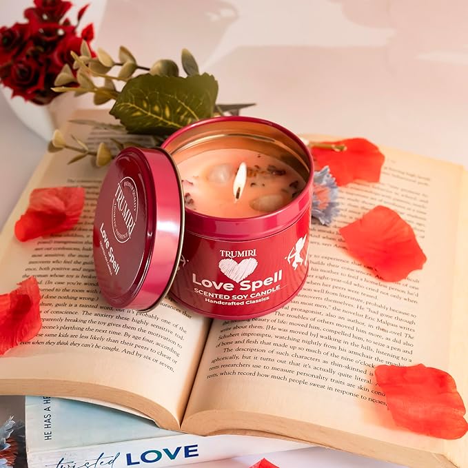 Love Spell - Scented Candles for Women & Men with Rose Petals and Crystals - 5oz Soy Clean Organic Non Toxic - Velas Aromáticas - Aromatherapy Spa Valentines Gift Home Décor Aesthetic Candel TRUMIRI