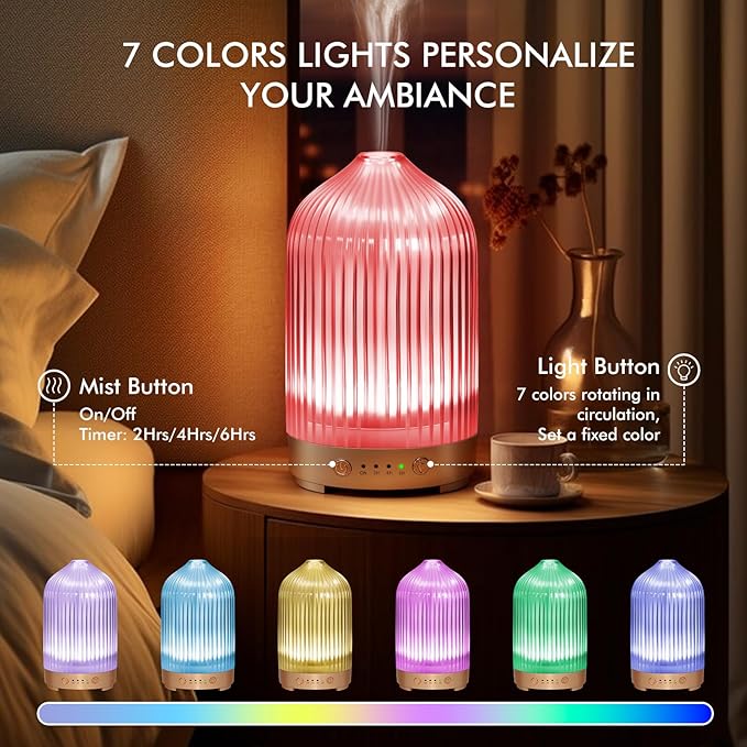 Glass Essential Oil Diffuser 200ml-Ultrasonic Aroma Diffuser with Glass Dome, Aromatherapy Diffuser with 4 Timers 7 Color LED Lights Auto Shut-Off Protection for Home Office Yoga Gift for Women EQUSUPRO
