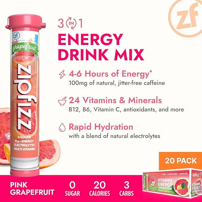 Zipfizz Daily Energy Drink Powder, Pink Grapefruit, 20 Pack | 3-in-1 Sustained Energy, Rapid Hydration, and Essential Vitamins | Sugar-Free | Electrolyte Powder | Contains Vitamin B-12 & Antioxidants - Bloomnest