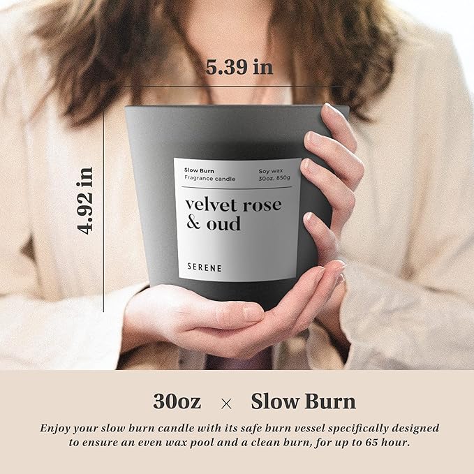 Hidden Label Large Scented Candle, Velvet Rose & Oud, 30oz 3 Wick Huge Candle, Serene Collection Slow Burn Natural Soy Candles for Home Scented - Bloomnest