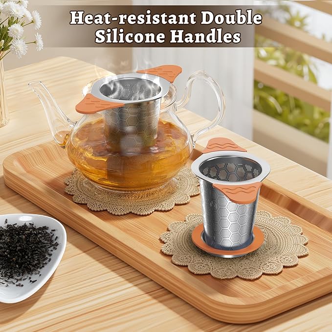 Tea Infuser for Loose Leaf Tea,18/8 Stainless Steel Tea Infuser with Heat Proof Silicone Handles,Extra Fine Mesh Tea Strainers Filter Fine Tea Leaves Effectively,Fits TeaPots/Mugs-Orange - Bloomnest