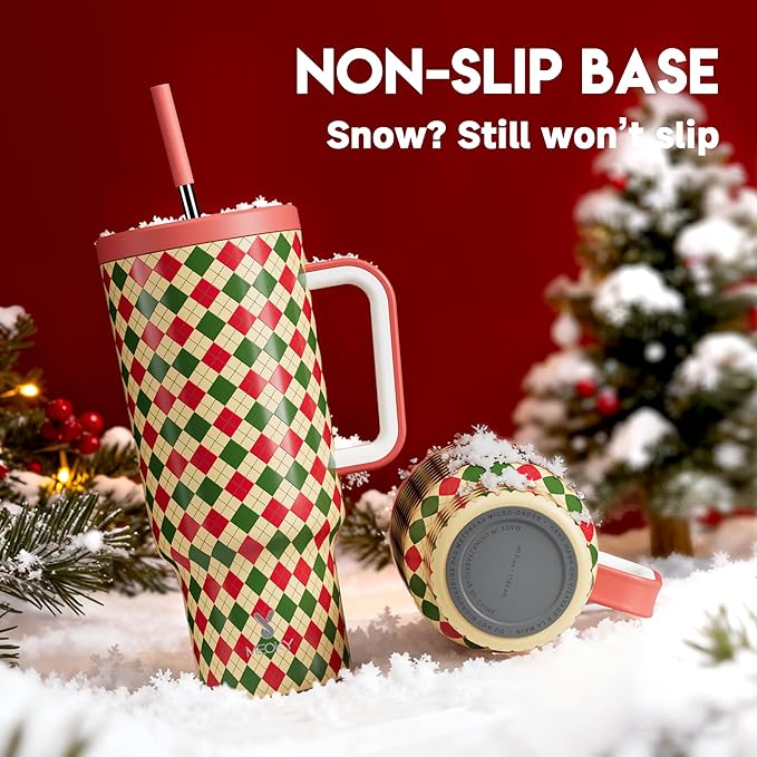 Meoky 40 oz Christmas Tumbler with Handle and Straw, Xmas Tumbler with Lid and Straw, Insulated Stainless Steel Travel Mug, Christmas Gifts for Women Men Adults (Winter Plaid) - Bloomnest