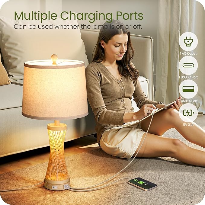 24.4”Farmhouse Rattan Table Lamps Set of 2, Touch Bedside Lamps for Bedroom with Dimmable Night Light, USB A+C Ports, Bamboo Boho Nightstand Lamp with Cream Linen Shade, C04TL05 - Bloomnest