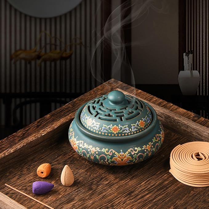 Ceramic Incense Burner with Incense Holder+ Fireproof Cotton,Handmade Smudging Burn Bowl for Stick or Coil Incense,Sage Cones,Frankincense and Mosquito Incense (Enamel) - Bloomnest