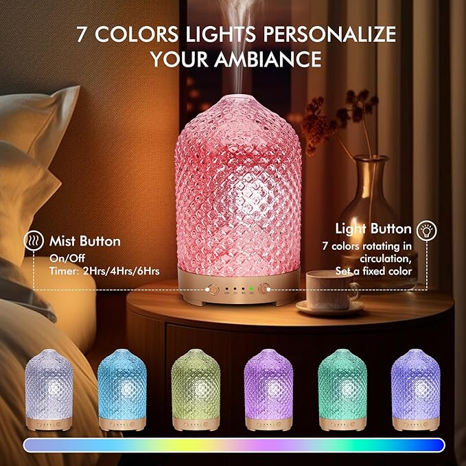 Essential Oil Diffuser 200ml-Ultrasonic Aroma Diffuser with 4 Timers, Aromatherapy Diffuser 7 Color LED Lights Auto Shut-Off Protection for Home Office (Diamond-Glass) EQUSUPRO