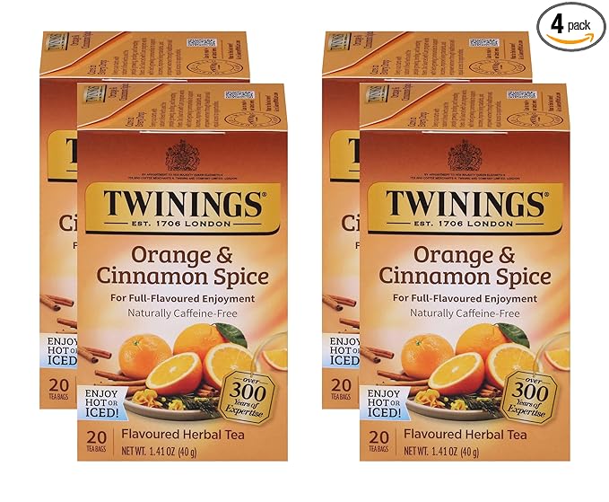Twinings Orange & Cinnamon Spice Herbal Tea Individually Wrapped Bags, 20 Count (Pack of 4), Naturally Caffeine-Free, Enjoy Hot or Iced, 80 Teabags - Bloomnest