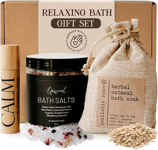 Soulistic Root Revitalizing Bath Set – Wellness Products with Tranquil Essential Oil Roller, Oatmeal Lavender Soak, Epsom Salts with Essential Oils, Ready-to-Gift Premium Box, Ideal Holiday Spa Gift