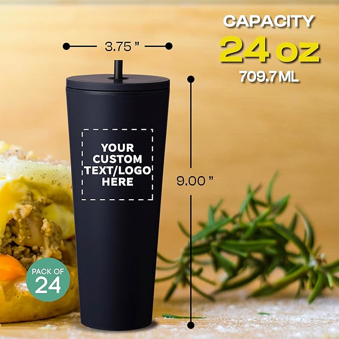 DISCOUNT PROMOS Custom Kenai Plastic Tumblers with Straw 24 oz., Set of 24, Personalized Bulk Pack - Ideal for Busy Professionals, With lids, Ice Coffee Tumbler, To Go Cup, Insulated - Black - Bloomnest